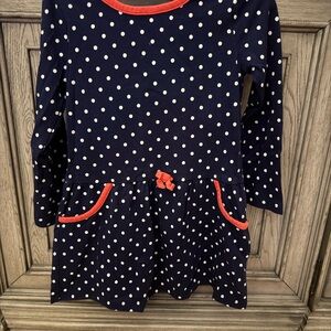 Worn One Size 4T! Navy Polka Dot Kids Dress with Red Accents